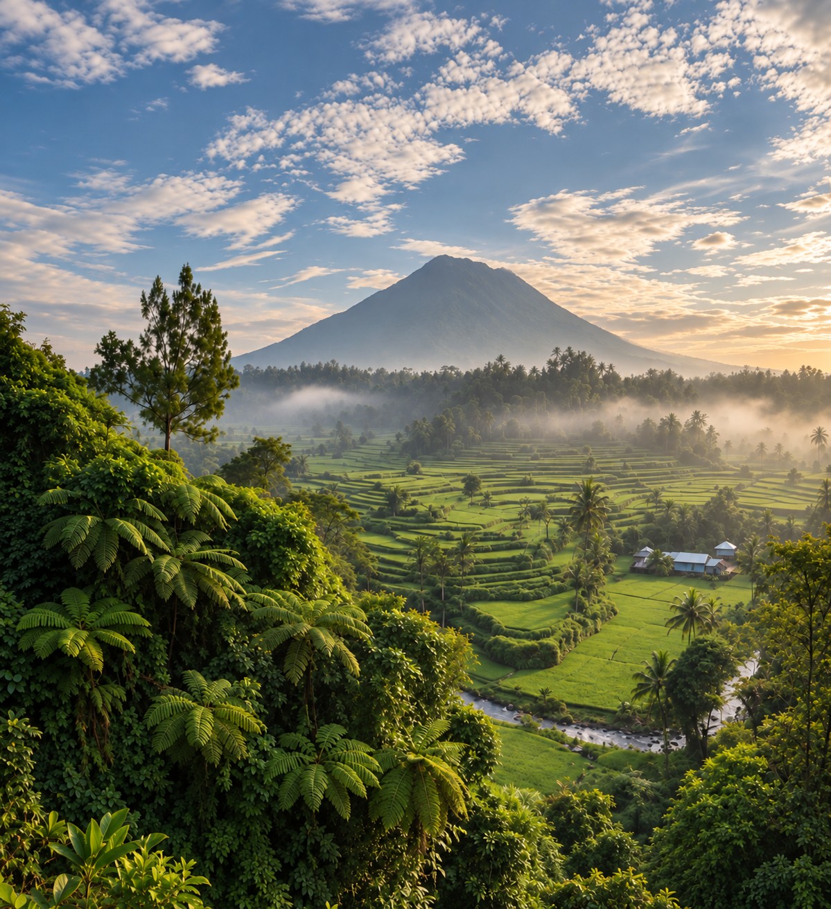 Green Indonesian landscape with rice terraces and a volcano