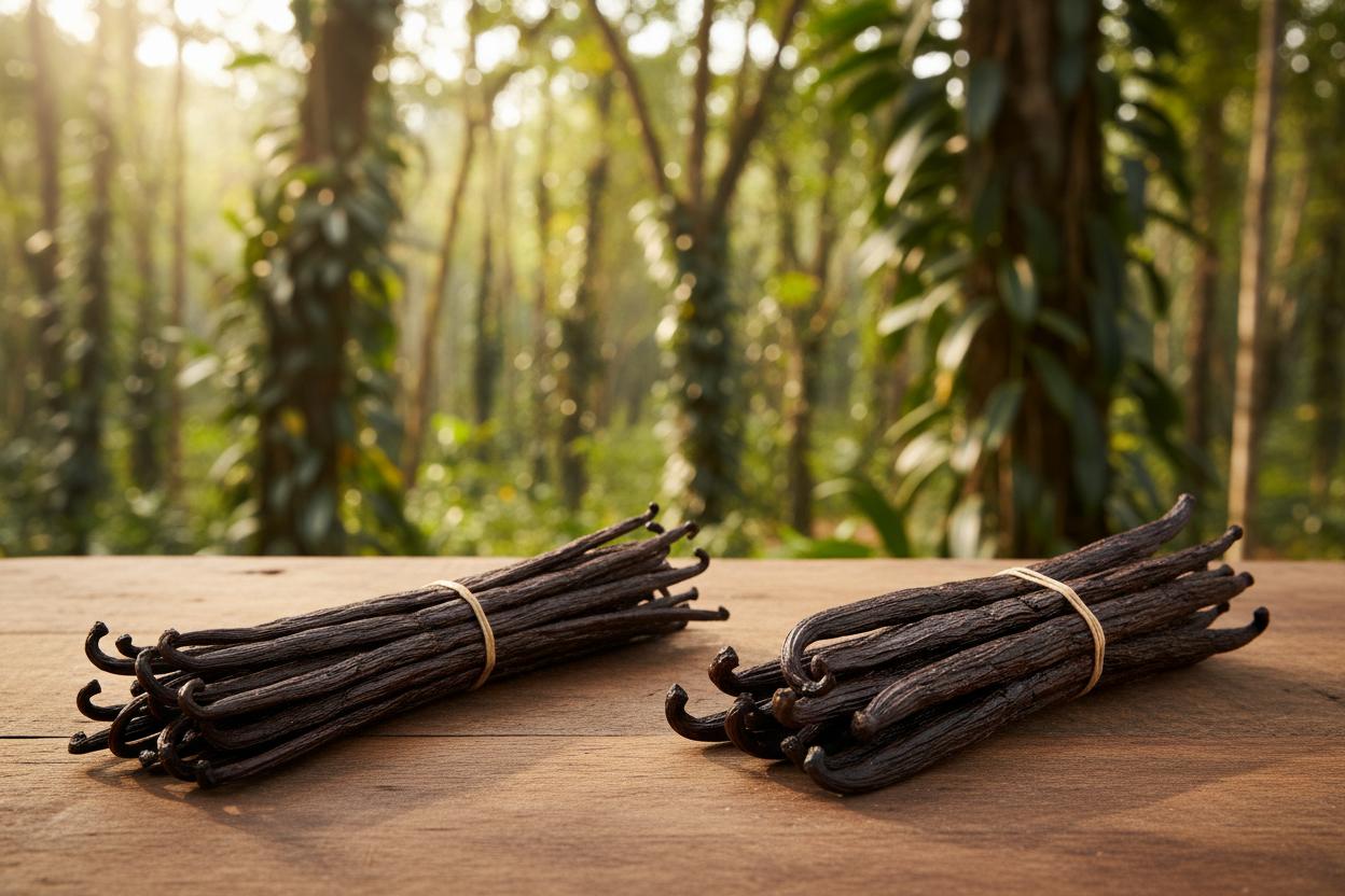 Bundles of vanilla beans on a wooden table with a plantation background