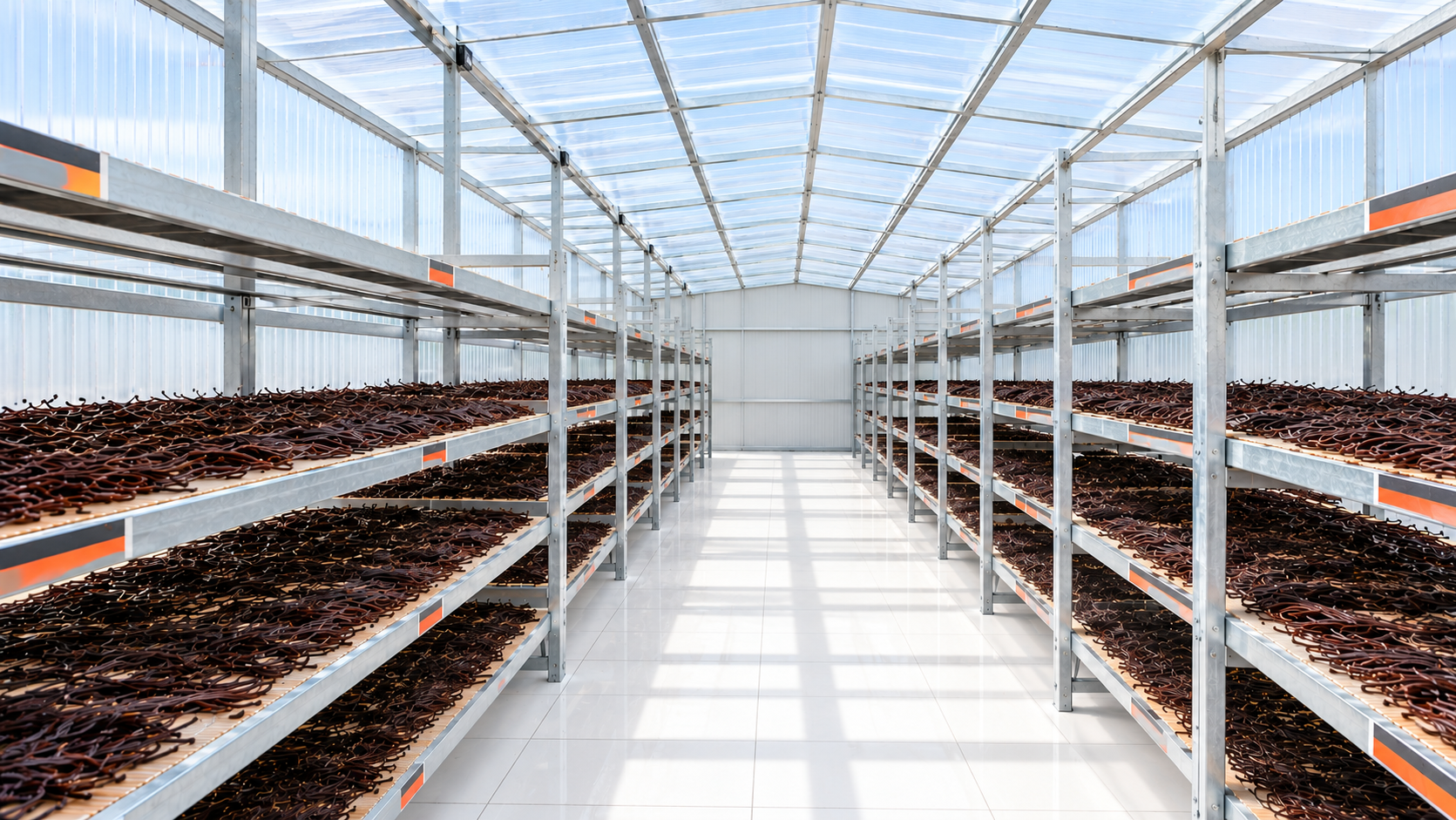 Vanilla drying trays in a solar greenhouse